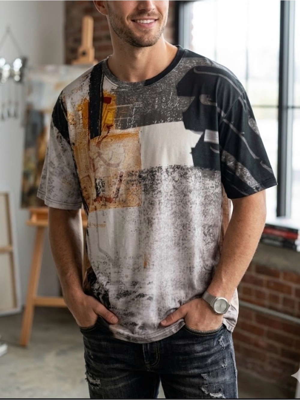 Abstract Print Short-Sleeve Men's Shirt - Multicolor